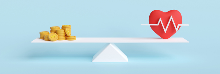 A balancing scale with a few dollar coins on one side and a red heart with a lifeline on the other side.